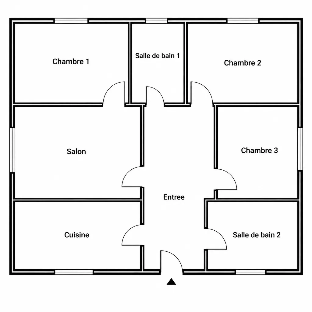 Demonstration 2D plan of a three-bedroom apartment with its eight rooms named