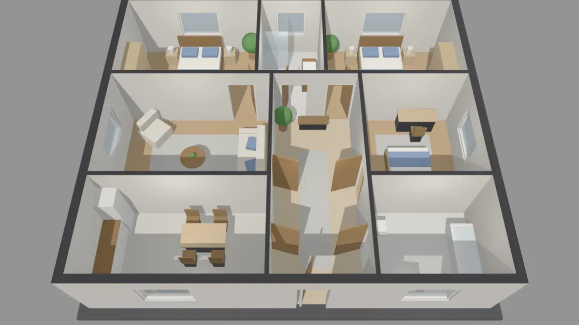 Untextured 3D model seen from above, walls, doors, windows and furniture placed to the plan dimensions