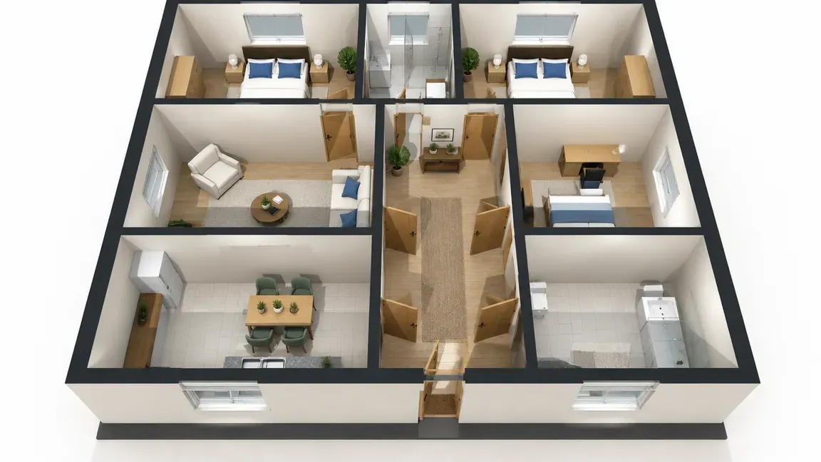 The same overhead view after photorealistic rendering, geometry unchanged