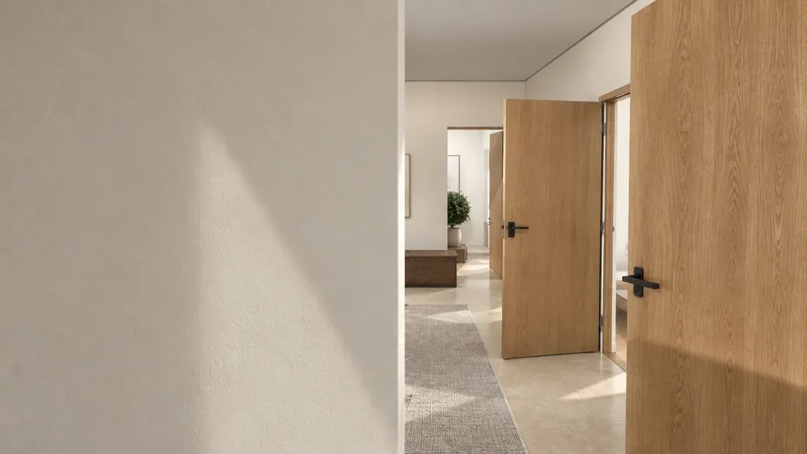 Front door open onto the hallway, photorealistic render