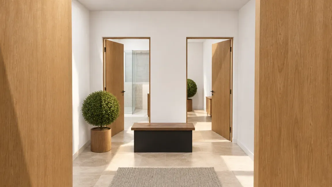 Entrance hallway with the room doors open, photorealistic render