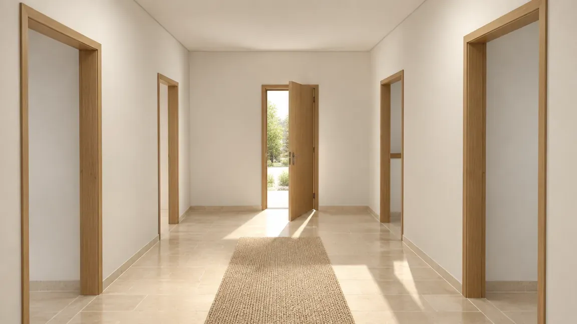 Couloir vu depuis le fond, vers la porte d’entrée, rendu photoréaliste