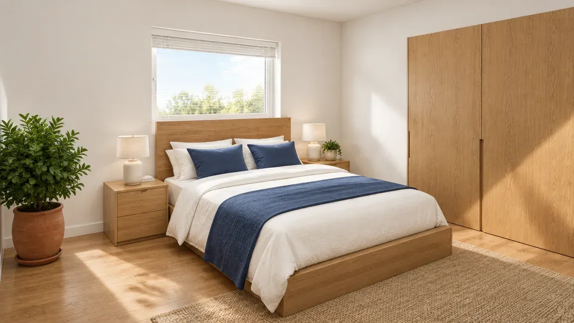 Deuxième chambre vue depuis l’entrée, lit sous la fenêtre et armoire en chêne, rendu photoréaliste
